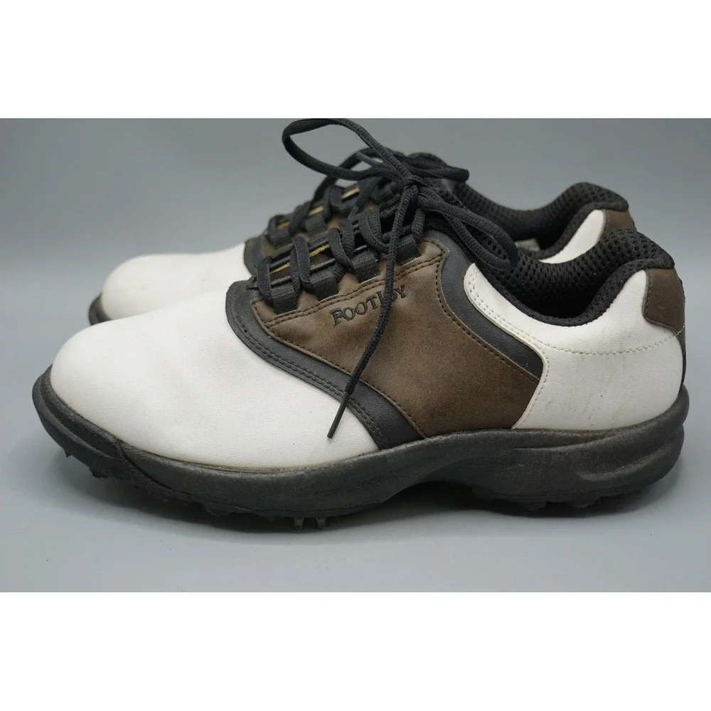 FootJoy GreenJoys Mens 8.5 M Golf Shoes White Brown Saddle‎ Spiked 45516